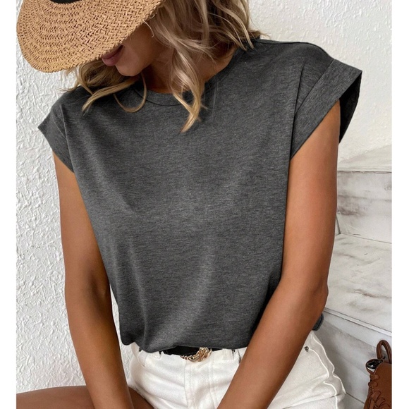 Grey Crew Neck Muscle Tee Top Shirt Cap Sleeve, Round Neck - Picture 1 of 7